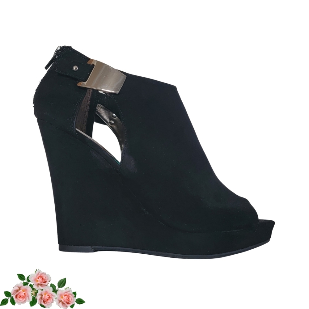 Carlos Santana Manchester Black Wedges Chrome Buckle Zipper Peep Toe Women's 10M
